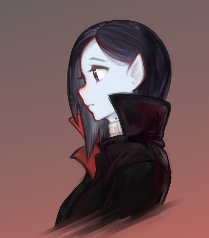 adventure_time, bite_mark, black_hair, black_jacket, blue_skin, candide, colored_skin, cropped_torso, gradient_background, grey_skin, high_collar, jacket, long_hair, marceline_abadeer, pointy_ears, portrait, solo, turtleneck, vampire