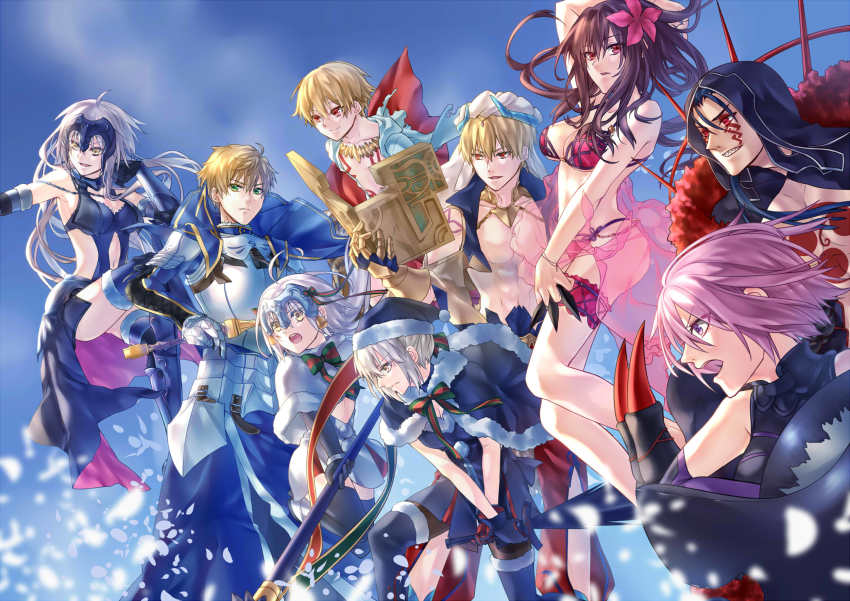 4boys, 5girls, ahoge, armor, armpits, arthur_pendragon_(fate), artoria_pendragon_(fate), bare_shoulders