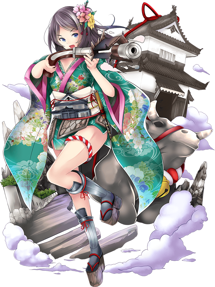 >:o, 1girl, :o, antique_firearm, architecture, bell, bicchu_matsuyama_(oshiro_project), black_hair