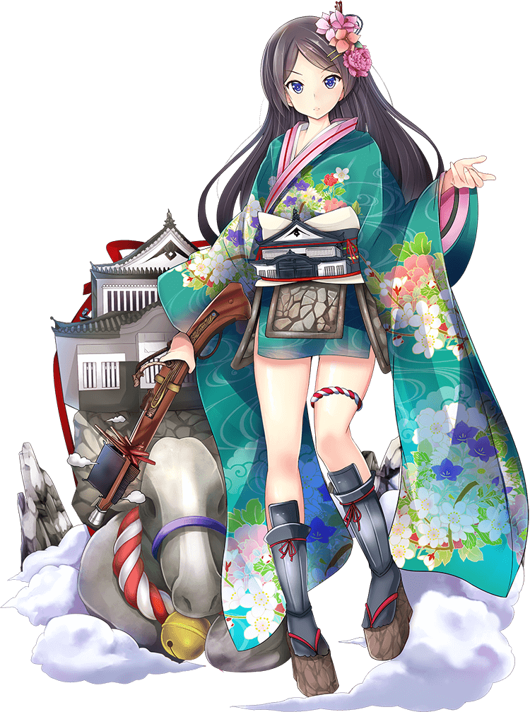 1girl, antique_firearm, architecture, bell, bicchu_matsuyama_(oshiro_project), black_hair, blue_eyes, castle, cow, east_asian_architecture, female_focus, firearm, firelock, flintlock, flower, full_body, gun, hair_flower, hair_ornament, hairpin, holding, holding_gun, holding_weapon, japanese_clothes, kimono, long_hair, official_art, oshiro_project:re, parted_bangs, platform_sandals, sandals, solo, taicho128, transparent_background, weapon