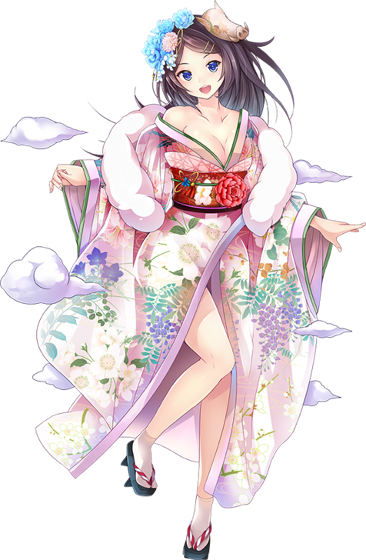 1girl, :d, bare_legs, bicchu_matsuyama_(oshiro_project), black_hair, blue_eyes, boar_mask, breasts, cleavage, female_focus, full_body, hair_ornament, hairpin, japanese_clothes, kimono, long_hair, mask, mask_on_head, official_art, open_mouth, oshiro_project:re, parted_bangs, smile, solo, taicho128, thighs, transparent_background