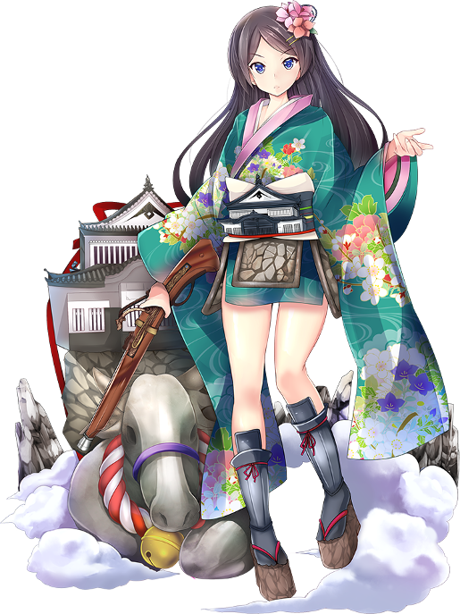 1girl, antique_firearm, architecture, bell, bicchu_matsuyama_(oshiro_project), black_hair, blue_eyes, castle