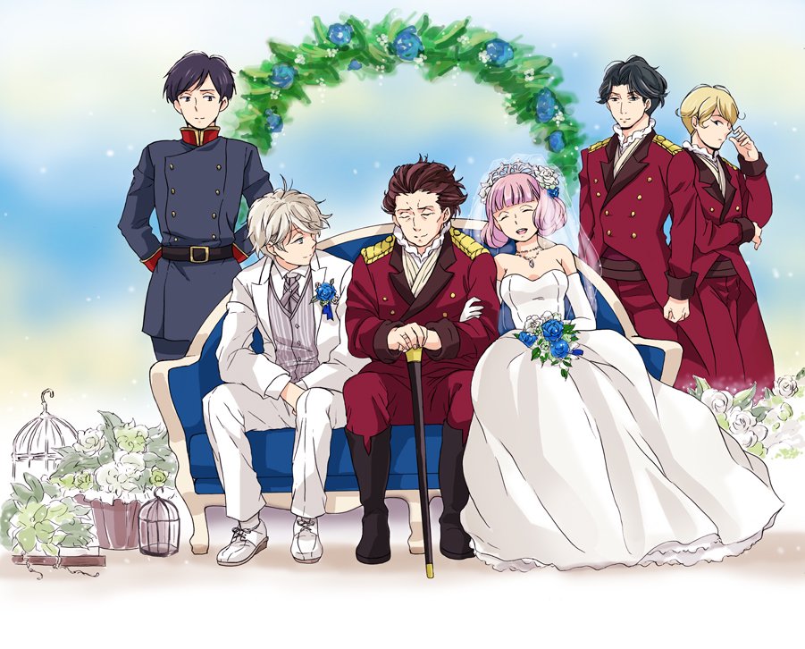 1girl, 5boys, aldnoah.zero, alternate_costume, arch, bare_shoulders, barouhcruz, birdcage, black_hair, blonde_hair, blue_flower, blue_rose, blunt_bangs, bob_cut, bouquet, bridal_veil, bride, brown_hair, buttons, cage, cane, chaos_xxx, closed_eyes, double-breasted, dress, elbow_gloves, floral_arch, flower, formal_clothes, gloves, gown, hair_flower, hair_ornament, hairband, harklight, high_collar, jewelry, lemrina_vers_envers, long_dress, marylcian, military, military_uniform, multiple_boys, necklace, pink_hair, rose, saazbaum, short_hair, silver_hair, slaine_troyard, smile, strapless, strapless_dress, suit, tuxedo, veil, wedding, wedding_dress, white_dress, white_flower, white_gloves, white_rose
