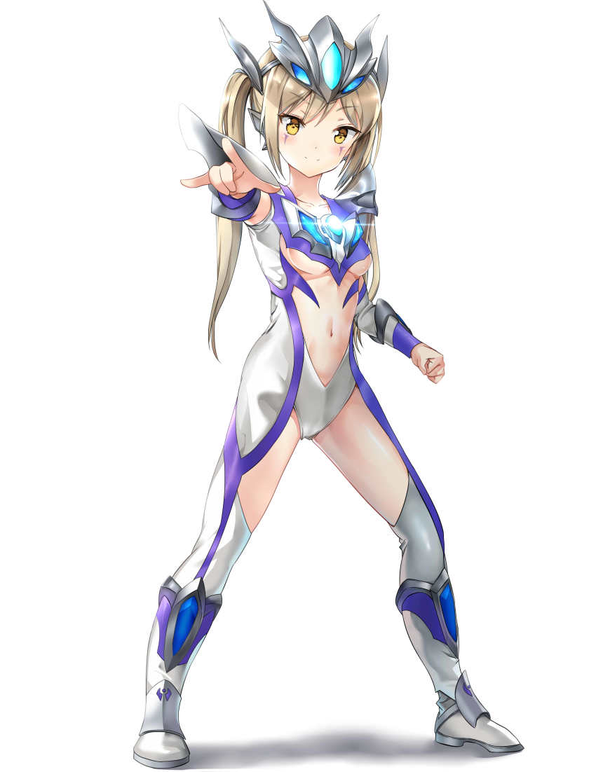 1girl, absurdres, armor, armored_boots, bad_id, bad_pixiv_id, bodysuit, boots, breasts, brown_hair, center_opening, clenched_hand, closed_mouth, collarbone, detached_sleeves, facial_mark, female_focus, full_body, gem, genderswap, genderswap_(mtf), glint, glowing, grey_bodysuit, grey_boots, headgear, highres, legs_apart, loli, long_hair, looking_at_viewer, m/, navel, outstretched_arm, personification, pointing, pointing_at_viewer, shadow, shoulder_pads, sidelocks, simple_background, small_breasts, smile, solo, standing, taro_(ultrataro), twintails, ultra_series, ultraman_geed_(series), ultraman_zero, ultraman_zero_beyond, underboob, white_background, yellow_eyes