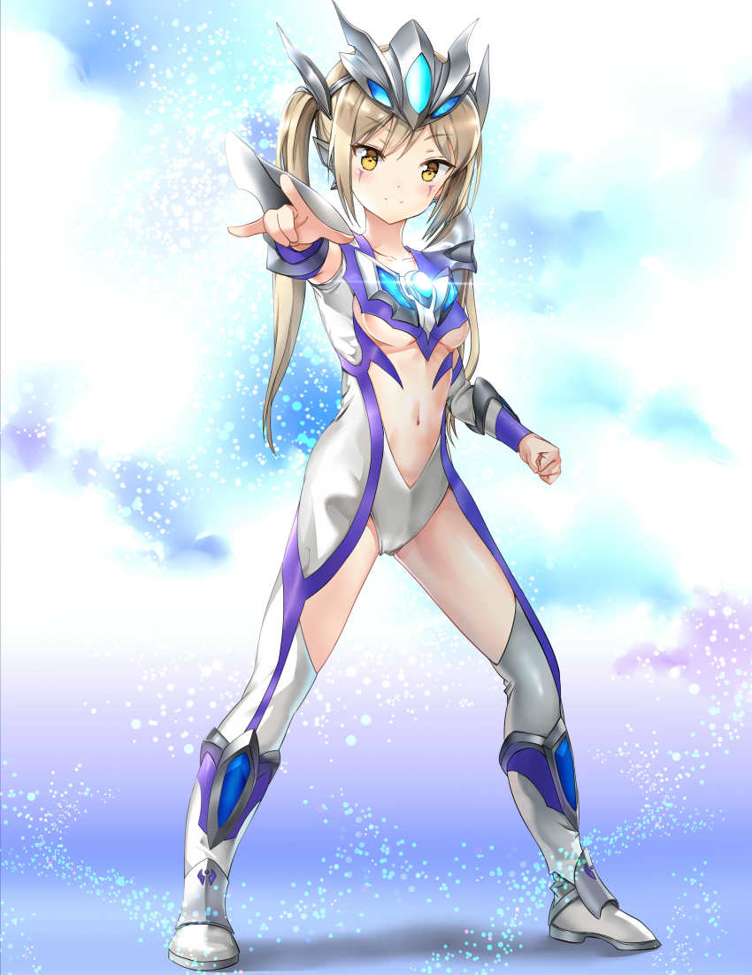 1girl, absurdres, armor, armored_boots, bad_id, bad_pixiv_id, blue_background, bodysuit, boots, breasts, brown_hair, center_opening, clenched_hand, closed_mouth, collarbone, commentary, detached_sleeves, facial_mark, female_focus, full_body, gem, genderswap, genderswap_(mtf), glint, glowing, grey_bodysuit, grey_boots, headgear, highres, legs_apart, light_particles, loli, long_hair, looking_at_viewer, m/, navel, outstretched_arm, personification, pointing, pointing_at_viewer, shadow, shoulder_pads, sidelocks, small_breasts, smile, solo, standing, taro_(ultrataro), twintails, ultra_series, ultraman_geed_(series), ultraman_zero, ultraman_zero_beyond, underboob, white_background, yellow_eyes