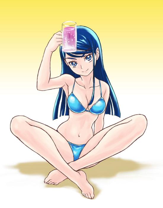 00s, barefoot, bikini, blue_eyes, blue_hair, cup, feet, genshoku_hajime