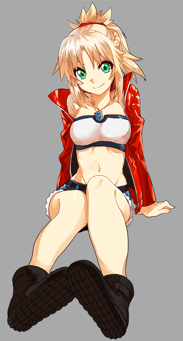 1girl, ankle_boots, arm_support, bandeau, belt, black_boots, blonde_hair, blouse