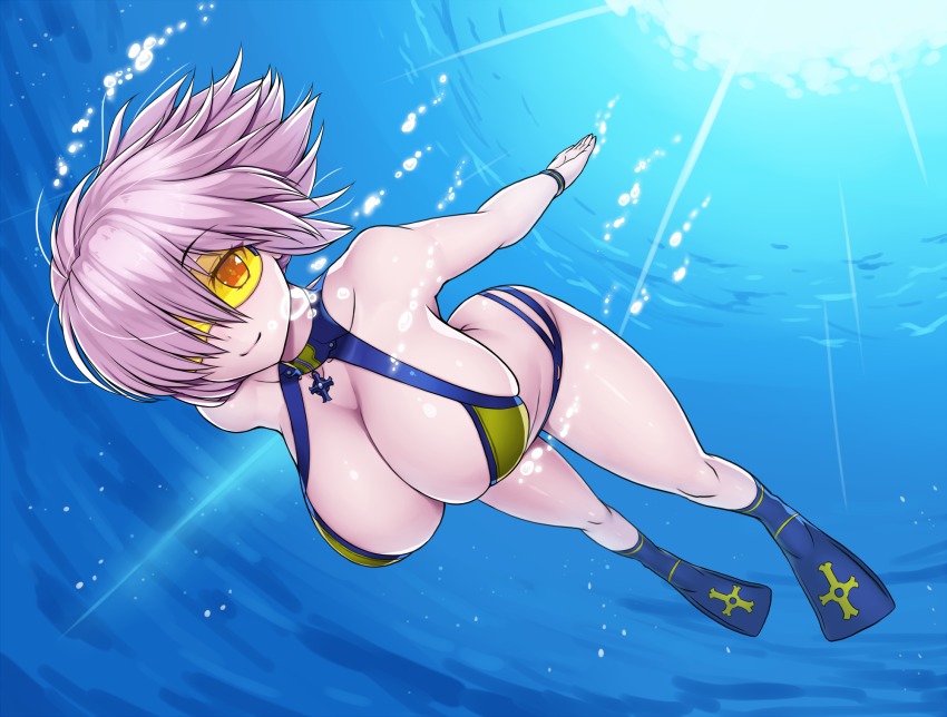 1girl, arm_at_side, asamura_hiori, beach, bikini, blush, breasts, cleavage, closed_mouth, day, fate/grand_order, fate_(series), female_focus, front-tie_bikini_top, front-tie_top, full_body, hair_over_one_eye, highres, large_breasts, mash_kyrielight, mash_kyrielight_(dive_to_blue), medium_hair, navel, official_alternate_costume, purple_eyes, purple_hair, side-tie_bikini_bottom, smile, solo, stomach, submerged, swimsuit, underwater