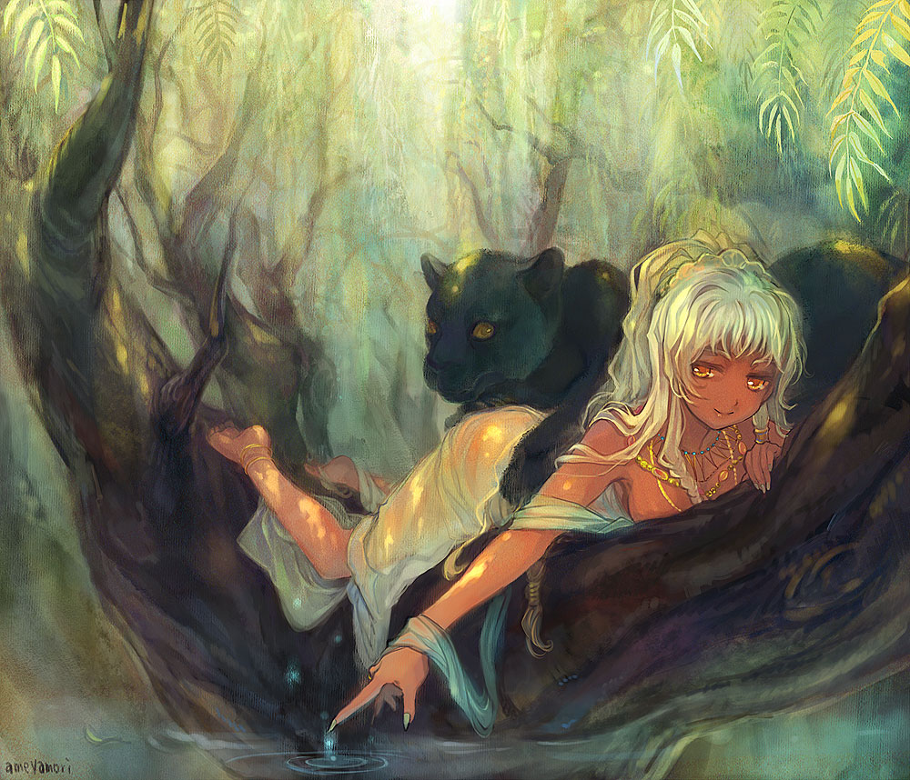 1girl, ame_yamori, animal, barefoot, black_panther, dark-skinned_female, dark_skin, female_focus