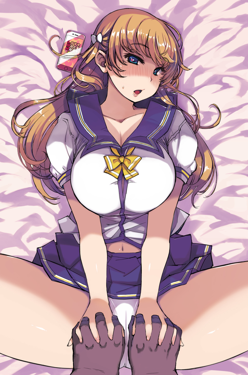 1girl, blonde_hair, blue_eyes, breasts, cellphone, cleavage, dark-skinned_female, dark-skinned_male