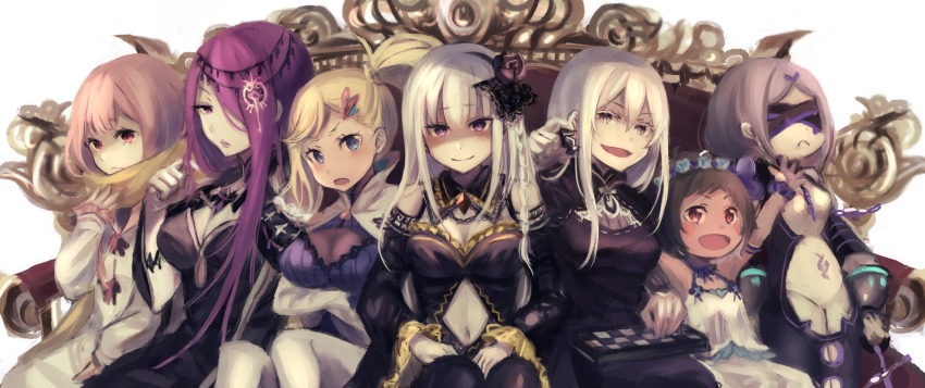 10s, 6+girls, bad_id, bad_pixiv_id, black_dress, blonde_hair, blue_eyes, blush_stickers, board_game, breasts, brown_hair, butterfly_hair_ornament, carmilla_(re:zero), chess_piece, chessboard, cleavage, clothing_cutout, colored_eyelashes, covered_eyes, daphne_(re:zero), dress, echidna_(re:zero), flower, hair_flower, hair_ornament, hair_over_one_eye, hairclip, hand_in_own_hair, head_wreath, highres, long_hair, looking_at_viewer, minerva_(re:zero), multiple_girls, navel_cutout, on_throne, one_eye_covered, pink_hair, purple_hair, re:zero_kara_hajimeru_isekai_seikatsu, red_eyes, satella_(re:zero), scarf, sekhmet_(re:zero), shaded_face, side_ponytail, silver_hair, smile, throne, typhon_(re:zero), white_eyelashes, witch, yokoyama