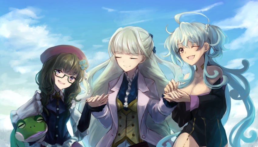 10s, 3girls, ahoge, blue_hair, blue_sky, braid, breasts, cagliostro_(symphogear)