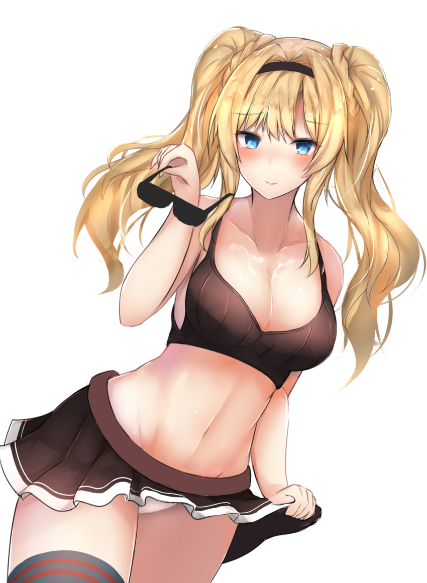 1girl, black_skirt, black_thighhighs, blonde_hair, blue_eyes, breasts, cleavage, closed_mouth