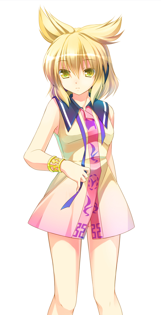 1girl, blonde_hair, bottomless, bracelet, closed_mouth, dress, earmuffs, female_focus