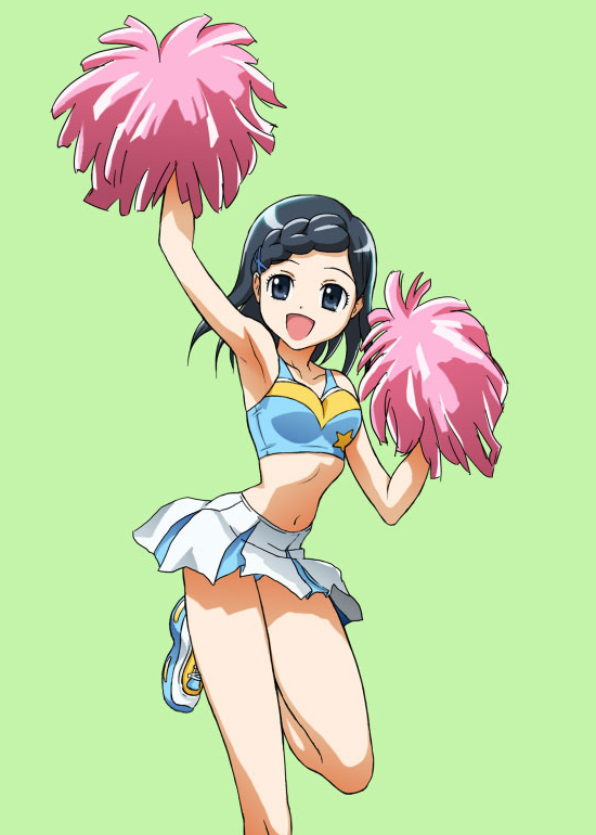 00s, black_eyes, black_hair, cheerleader, genshoku_hajime, hajime_(caramel_toone), midriff, my_melody_(series)