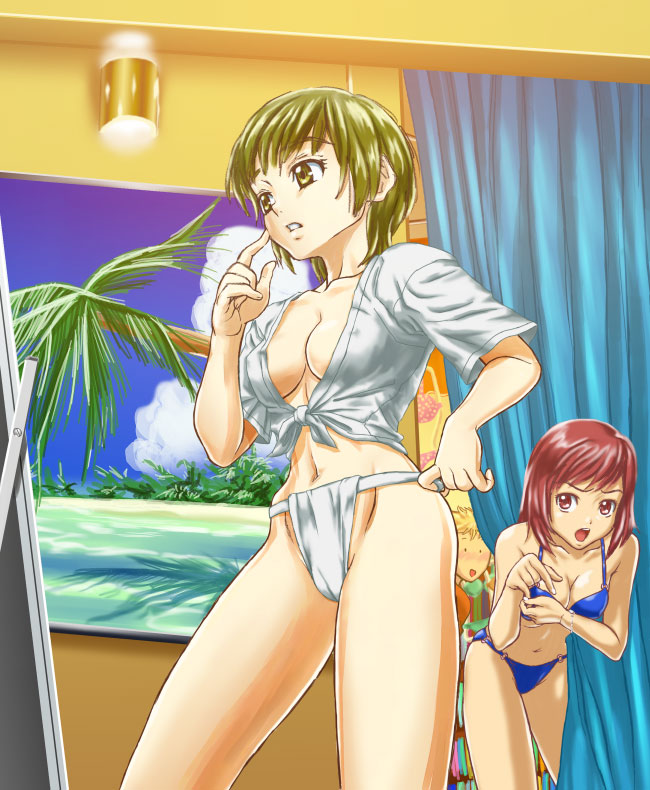 2girls, bikini, dressing_room, front-tie_top, fundoshi, genshoku_hajime, green_hair, hajime_(caramel_toone)