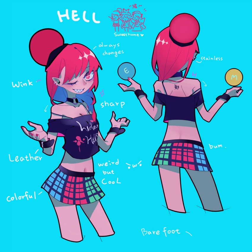 +_+, 1girl, belt, black_shirt, blue_background, chibi, chibi_inset, clothes_writing