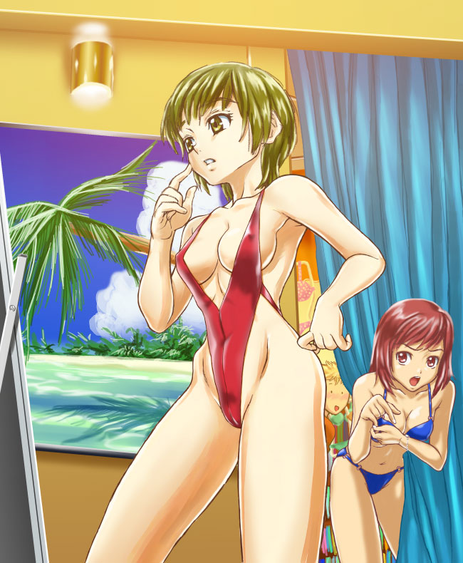 2girls, armpits, bare_shoulders, bikini, collarbone, dressing_room, genshoku_hajime, green_hair, hajime_(caramel_toone), highleg, highleg_swimsuit, multiple_girls, red_eyes, red_hair, short_hair, slingshot_swimsuit, swimsuit, yellow_eyes