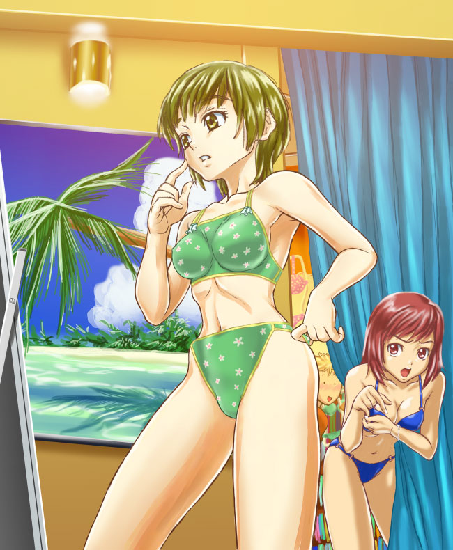 2girls, bikini, dressing_room, genshoku_hajime, green_hair, hajime_(caramel_toone), multiple_girls, red_eyes