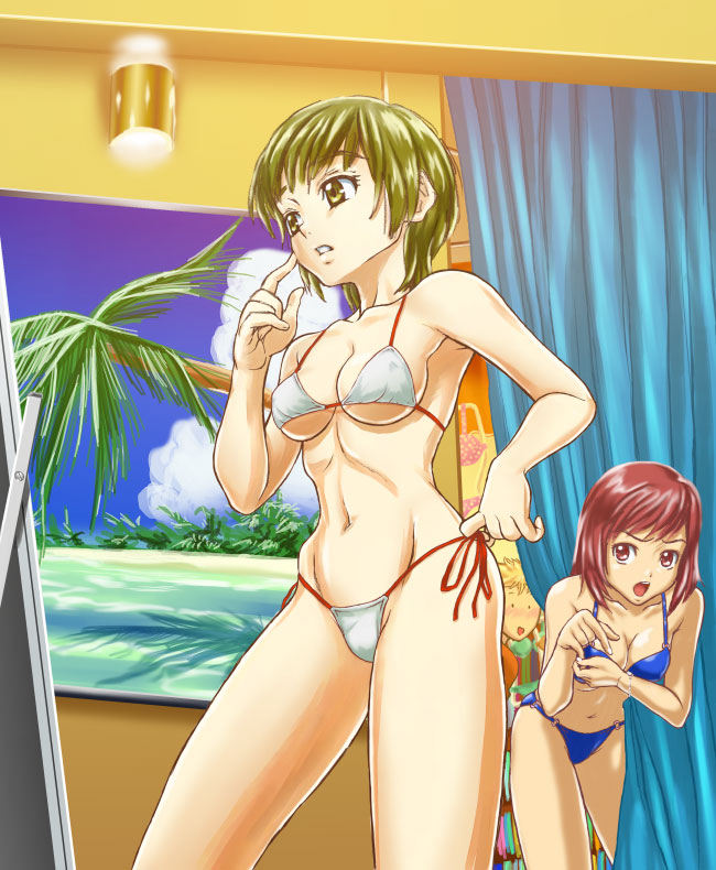 2girls, bikini, dressing_room, genshoku_hajime, green_hair, red_eyes, red_hair, short_hair