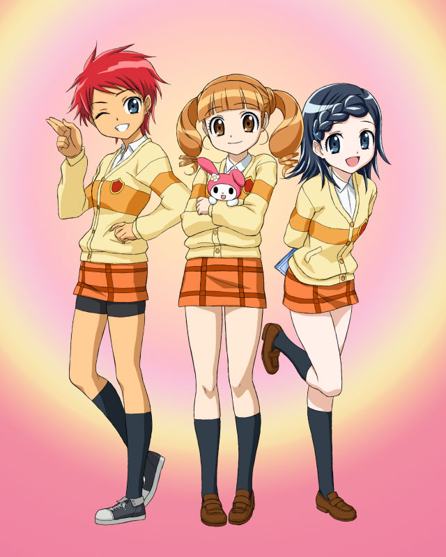 00s, 3girls, female_focus, fujisaki_mana, genshoku_hajime, hajime_(caramel_toone), legs, long_sleeves