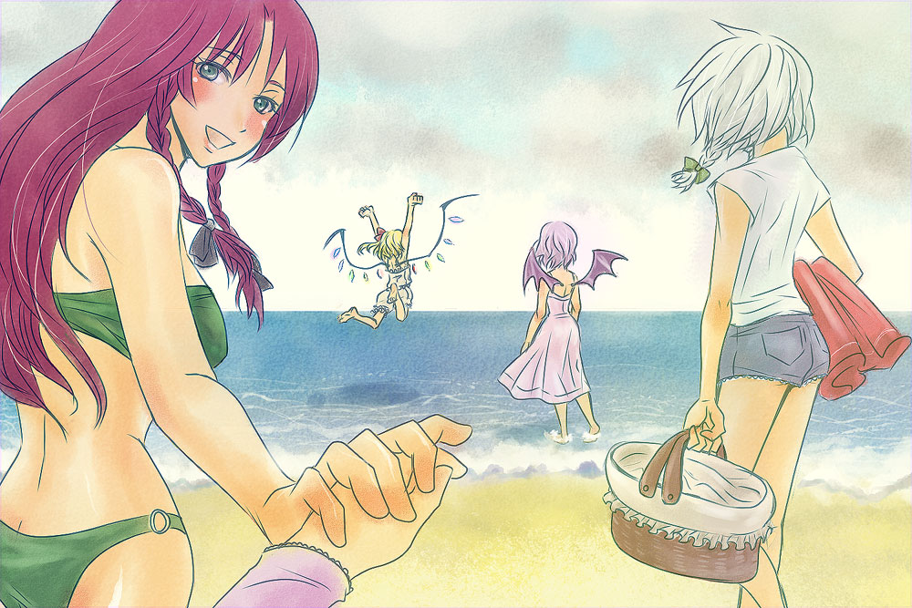 4girls, barefoot, beach, embodiment_of_scarlet_devil, female_focus, flandre_scarlet, foreshortening, holding_hands, hong_meiling, izayoi_sakuya, multiple_girls, patchouli_knowledge, pov, remilia_scarlet, sada_noriko, smile, sunata, touhou, water