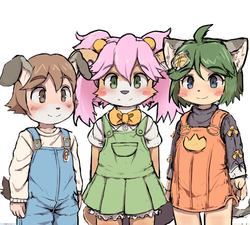 3girls, blue_eyes, brown_eyes, brown_hair, cat, cyber_connect_2, dagasi, furry, green_eyes, green_hair, highres, little_tail_bronx, long_hair, mamoru-kun, matoi-chan, multiple_girls, pink_hair