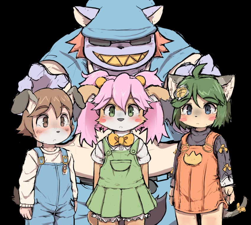 1boy, 3girls, blue_eyes, brown_eyes, brown_hair, cat, cyber_connect_2, dagasi, furry, green_eyes, green_hair, highres, little_tail_bronx, long_hair, mamoru-kun, multiple_girls, pink_hair, you_gonna_get_raped