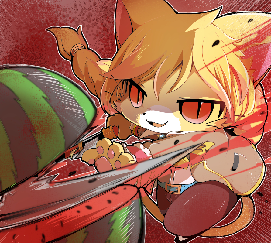 1girl, animal_ears, animal_nose, azuma_minatsu, blonde_hair, body_fur, cat, cat_busters, cat_ears, cat_girl, cat_tail, female_focus, food, fruit, furry, furry_female, melon, open_mouth, solo, suikawari, tagme, tail, whiskers, wraith_(cat_busters)