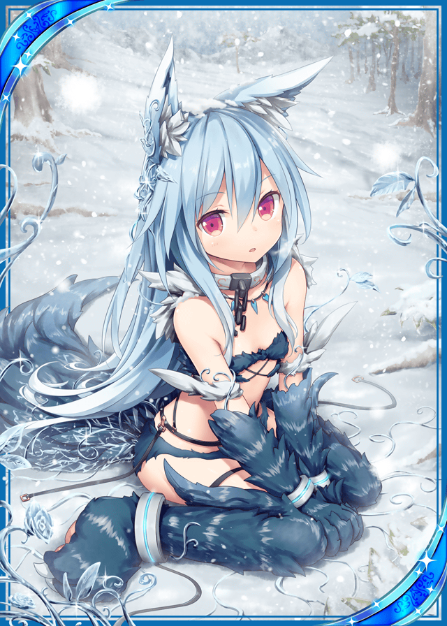 1girl, akkijin, animal_ears, animal_hands, bare_shoulders, blue_hair, breasts, card_(medium)