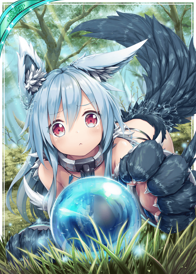 1girl, akkijin, animal_ears, animal_hands, bare_shoulders, blue_hair, card_(medium), cuffs