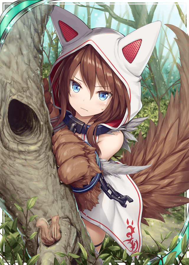 1girl, akkijin, animal_ears, animal_hands, blue_eyes, brown_hair, card_(medium), cuffs