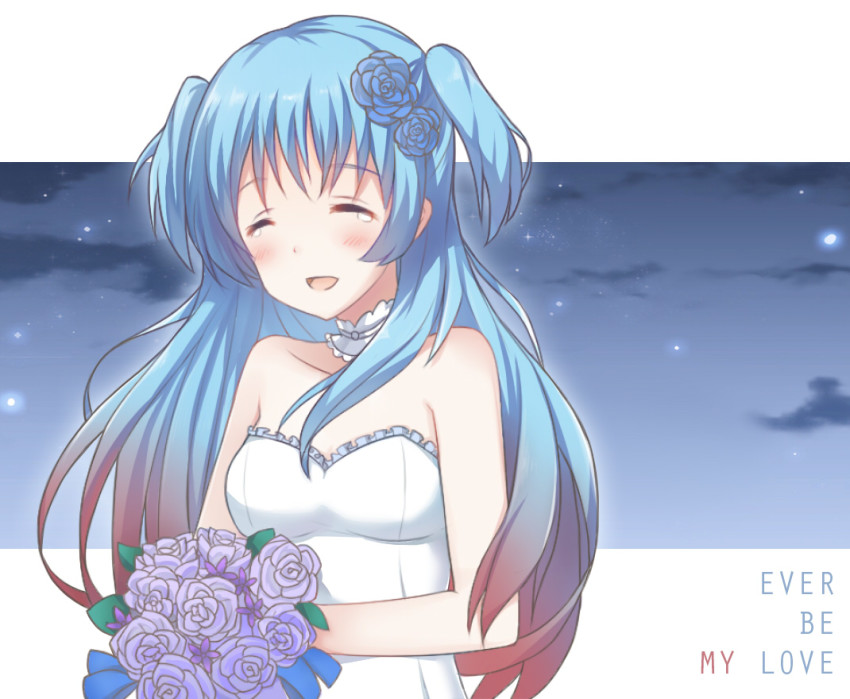 1girl, blue_eyes, blue_hair, bride, chtholly_nota_seniorious, dress, female_focus, flower