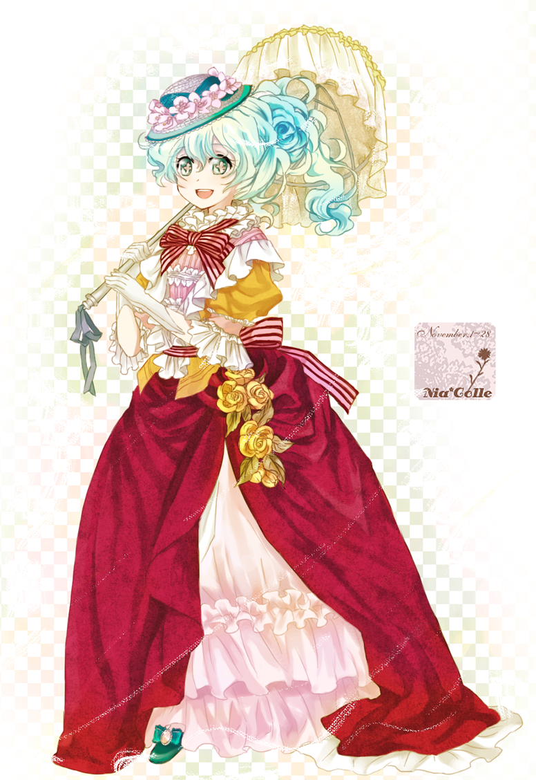+_+, 00s, bad_id, bad_pixiv_id, bell_line_gown, bow, cross-shaped_pupils, curly_hair, dress, flower, frills, gathers, gloves, gown, happy, hat, hisa, lingerie, multicolored_hair, nia_colle, nia_teppelin, parasol, petticoat, ponytail, puffy_sleeves, ribbon, rose, smile, solo, sun_hat, symbol-shaped_pupils, tengen_toppa_gurren_lagann, umbrella, underwear, victorian