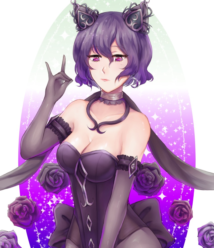 artist_request, black_dress, black_flower, black_gloves, black_rose, bow, breasts, choker, cleavage, crescent, crescent_earrings, dark_cutie, dress, earrings, expressionless, eyelashes, fingers_together, flower, gem_(symbol), gloves, hair_ornament, highres, jewelry, lace, lace-trim, lace-trimmed_choker, lace-trimmed_gloves, lace_trim, leotard, lipstick, mahou_shoujo_ikusei_keikaku, mahou_shoujo_ikusei_keikaku_aces, mahou_shoujo_ikusei_keikaku_queens, makeup, medium_breasts, pantyhose, purple_eyes, purple_flower, purple_hair, purple_rose, rose, shiny_skin, short_hair, sparkle, wavy_hair