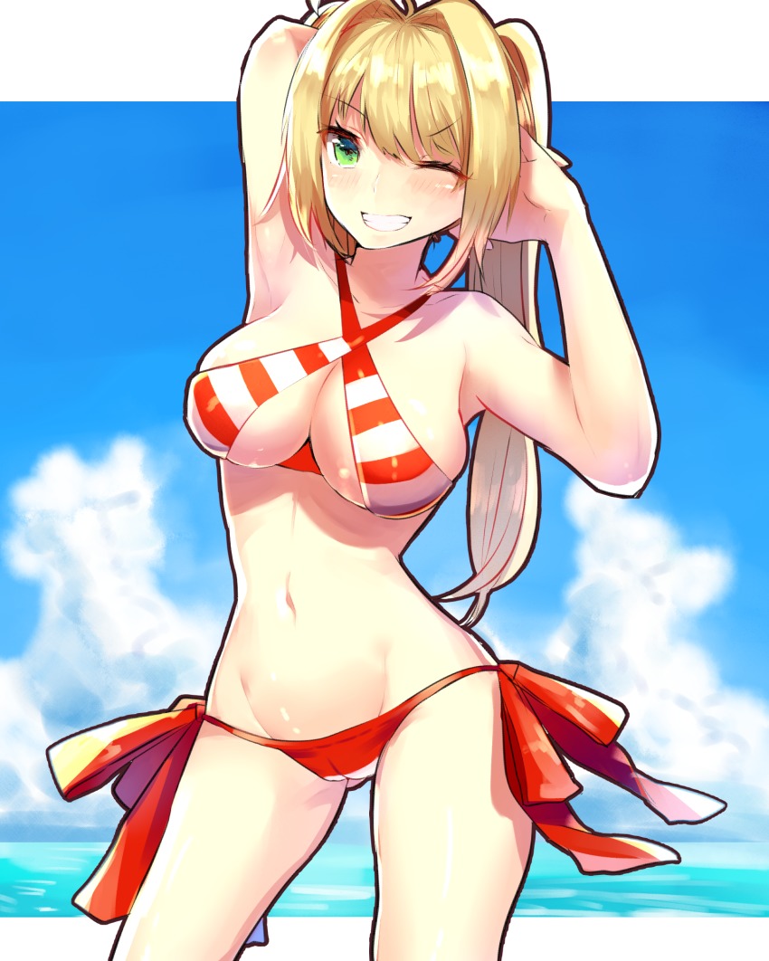 >;), 1girl, ahoge, arm_up, bikini, blue_sky, breasts, cleavage