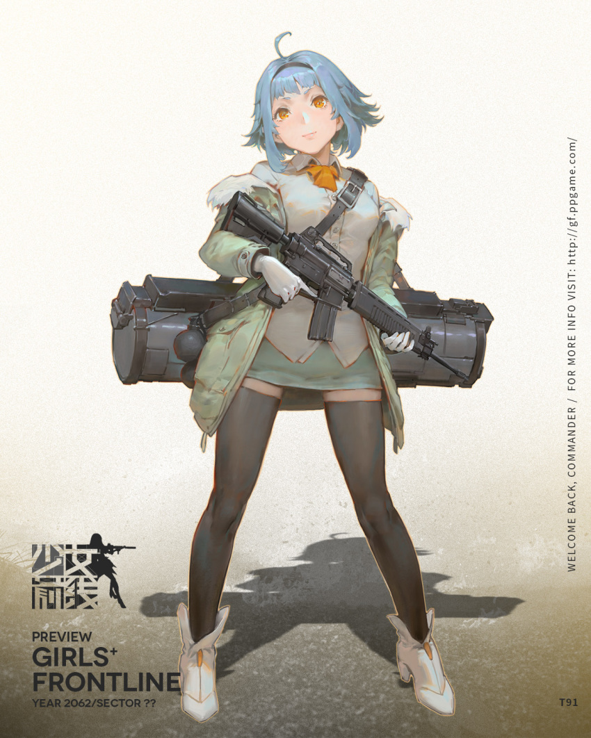 1girl, ahoge, assault_rifle, black_thighhighs, blue_hair, boots, breasts, character_name