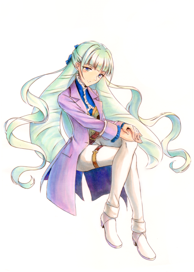 10s, 1girl, blue_eyes, colored_pencil_(medium), crossed_legs, female_focus, long_hair, saint-germain