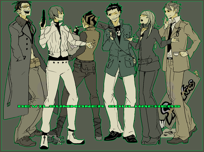 2girls, 4boys, bad_id, bad_pixiv_id, belt, boots, brown_hair, cigarette, coat, copyright_name, cup, devil_summoner_(series), devil_summoner:_soul_hackers, doll, dreadlocks, full_body, grey_hair, grin, gun, handgun, hands_in_pockets, hat, high_heels, jacket, jm_(pixiv_283358), laughing, lineup, long_hair, lunch_(devil_summoner), md5_mismatch, megajet, minegishi_keiji, multiple_boys, multiple_girls, nemissa, outstretched_arms, overcoat, paintbrush, pants, pistol, shoes, shujinkou_(devil_summoner), six_(devil_summoner), smile, smoking_pipe, spooky_(devil_summoner), spread_arms, standing, vest, weapon, yu-ichi_(devil_summoner)