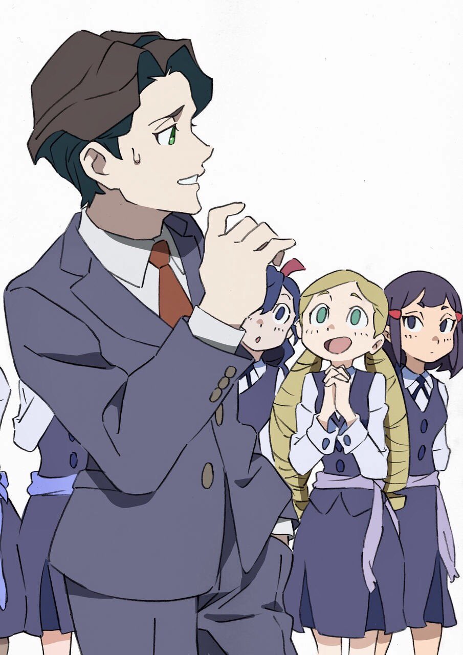 10s, 1boy, 5girls, andrew_hanbridge, arai_hiroki, avery_(little_witch_academia), blair_(little_witch_academia), blonde_hair, blue_hair, brown_hair, drill_hair, formal_clothes, green_eyes, hair_ornament, hairclip, highres, little_witch_academia, luna_nova_school_uniform, mary_(little_witch_academia), multiple_girls, own_hands_clasped, own_hands_together, purple_eyes, purple_hair, school_uniform, smile, solid_oval_eyes, suit, sweatdrop, twin_drills, white_background