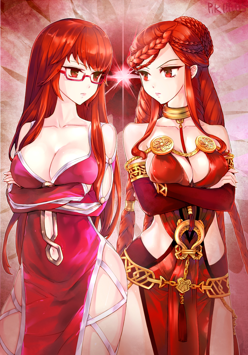 2girls, armlet, artist_name, bad_id, bad_pixiv_id, bare_shoulders, between_breasts, braid, breast_hold, breasts, cleavage, clothing_cutout, collar, contrapposto, cowboy_shot, crossed_arms, dated, detached_sleeves, dirjiland_(mabinogi), dress, drill_hair, eye_contact, glasses, gold, highres, hip_focus, jewelry, large_breasts, long_hair, looking_at_another, mabinogi, macha_(mabinogi), multiple_braids, multiple_girls, navel, navel_cutout, pelvic_curtain, player_character_(mabinogi), pukel, red-framed_eyewear, red_dress, red_eyes, red_hair, semi-rimless_eyewear, side_slit, skindentation, standing, stare_down, under-rim_eyewear, very_long_hair