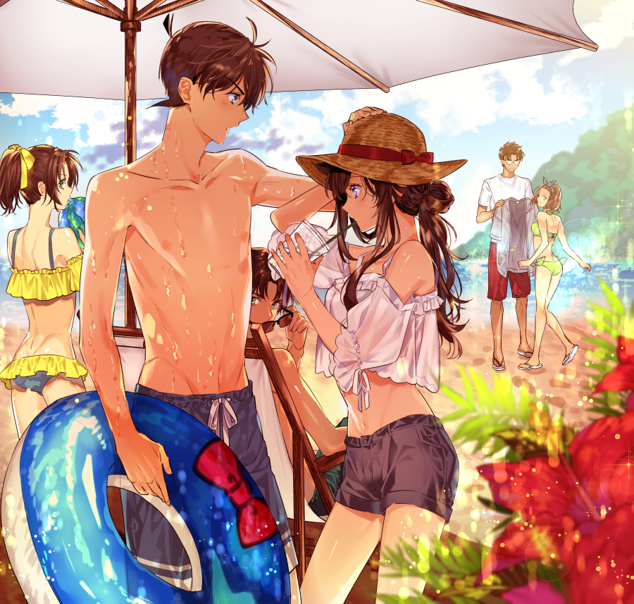 3boys, 3girls, alternate_hairstyle, beach, bikini, black_shorts, blue_shorts, bow