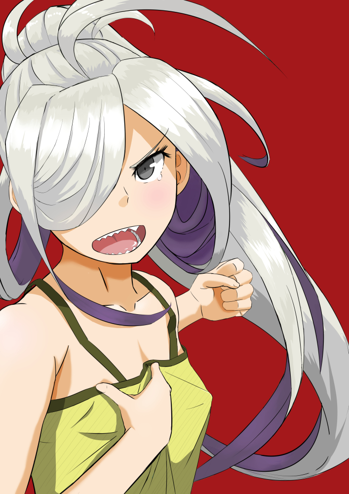 10s, 1girl, asashimo_(kancolle), bad_id, bad_pixiv_id, bare_shoulders, black_eyes, blush, camisole, clenched_hand, clothes_grab, collarbone, commentary_request, female_focus, flat_chest, green_shirt, hair_over_one_eye, high_ponytail, ichinose_rokujou, kantai_collection, long_hair, looking_at_viewer, multicolored_hair, open_mouth, ponytail, purple_hair, red_background, sharp_teeth, shirt, grabbing_another's_shirt, silver_hair, simple_background, sleeveless, sleeveless_shirt, solo, tears, teeth, two-tone_hair, upper_body, very_long_hair