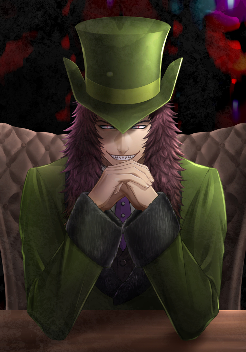 1boy, asebi_hikaru, brown_hair, coat, couch, fangs, fate/grand_order, fate_(series)