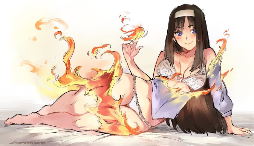 1girl, arm_support, bare_legs, bare_shoulders, blue_eyes, blush, bra, brown_hair