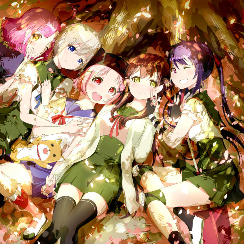 5girls, :d, ;), ;d, absurdres, ahoge, animal_hood, black_gloves