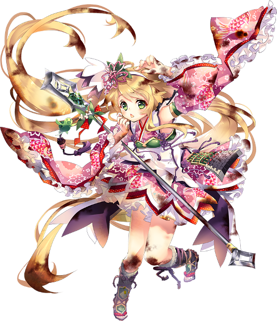 1girl, blonde_hair, broken_spear, female_focus, flower, full_body, green_eyes, hair_flower