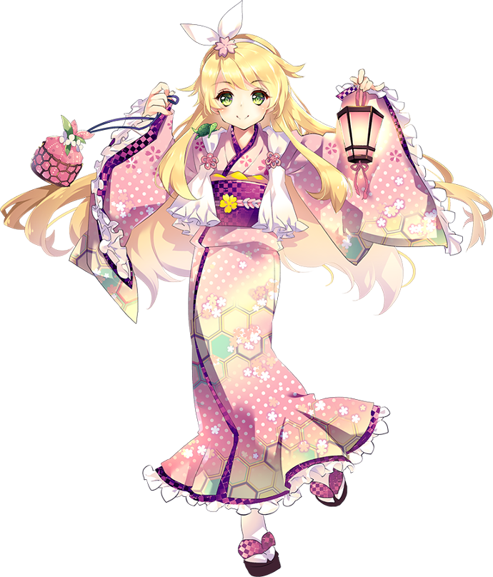 1girl, blonde_hair, female_focus, flower, full_body, green_eyes, hair_flower, hair_ornament, hair_ribbon, holding, japanese_clothes, kamei_(oshiro_project), looking_at_viewer, matoki_misa, official_art, oshiro_project:re, ribbon, solo, transparent_background