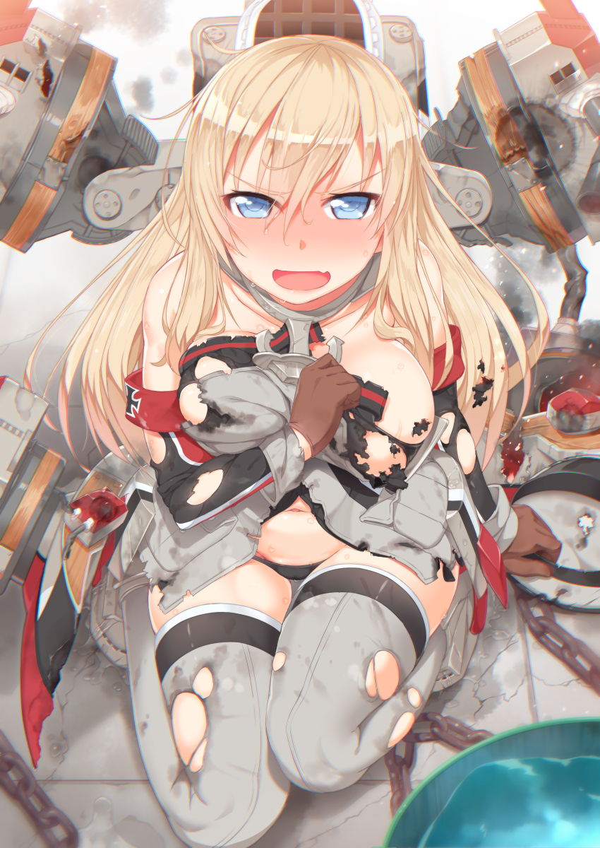 10s, 1girl, anchor, armband, bare_shoulders, bismarck_(kancolle), black_panties, blonde_hair, blue_eyes, blush, breasts, brown_gloves, cannon, chain, collarbone, commentary_request, cross, damaged, detached_sleeves, embarrassed, fang, female_focus, gloves, grey_thighhighs, hat, highres, iron_cross, kantai_collection, large_breasts, long_hair, looking_at_viewer, navel, open_mouth, panties, repair_bucket, rigging, ship_turret, smoke, solo, tachimi_(basue), thighhighs, torn_clothes, torn_thighhighs, underwear, unworn_hat, unworn_headwear