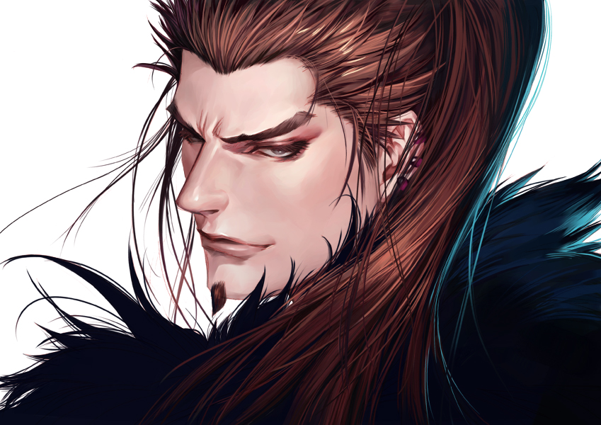 1boy, brown_hair, facial_hair, fur_trim, goatee, kanki_(kingdom), kingdom_(series), long_hair, looking_at_viewer, looking_back, male_focus, manly, ponytail, portrait, solo, white_background, yona_(edenkasuga)